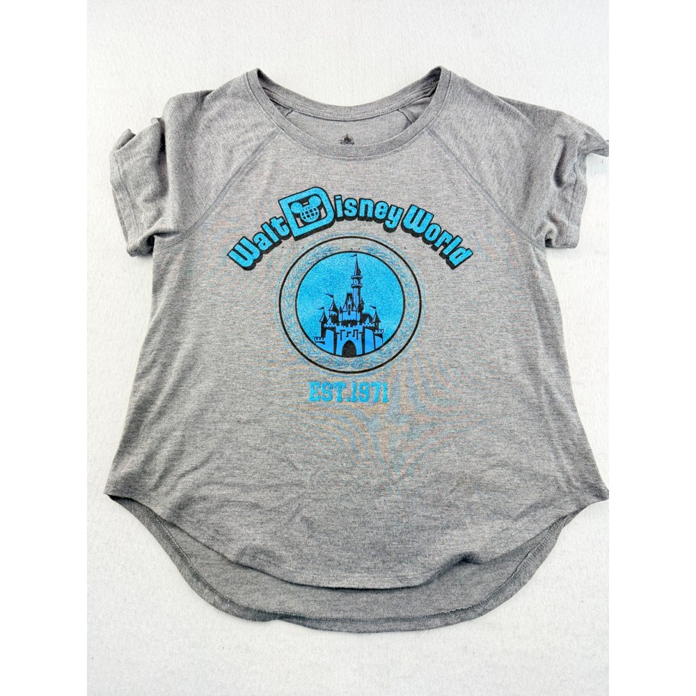 Disney World Gray Glitter Castle Graphic T-Shirt Womens Medium EST 1971 Raglan